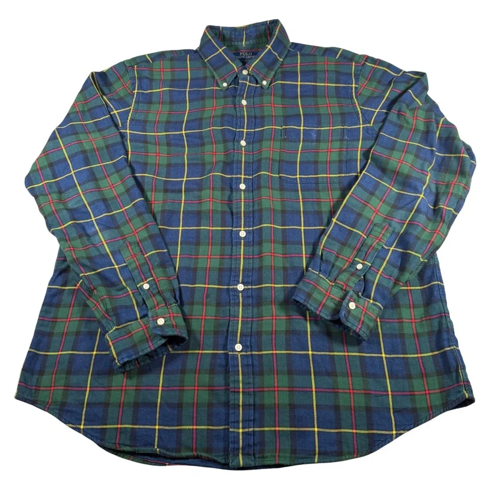 Polo Ralph Lauren Button Shirt Men XXL Green Navy Plaid Flannel Classic Fit READ